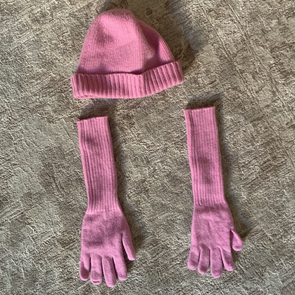 J.Crew Pink Ribbed Beanie and Long Arm Warmer Glove Set - Wool / Cashmere